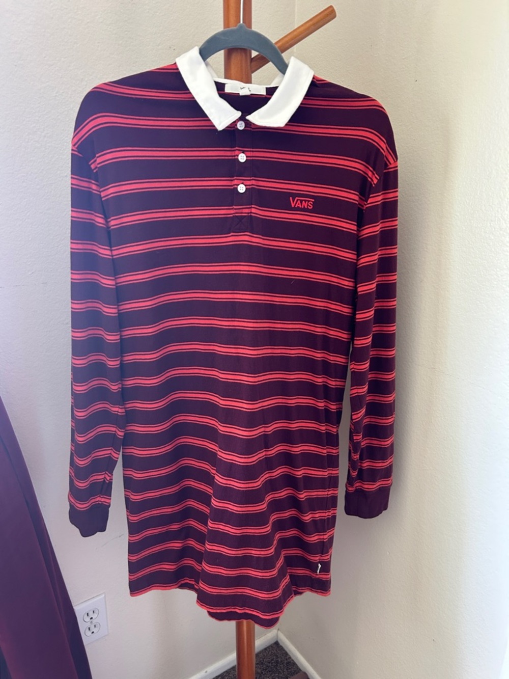 Vans Black and Red Striped Long-Sleeve Polo Dress with White Collar